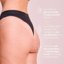 Schwarzer Panty wird von Person getragen, rechts sind Informationstexte.