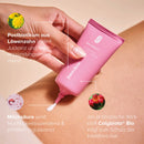 Intimate-Prebiotic-Cream wird auf die Haut aufgetragen, mit Textfeldern.