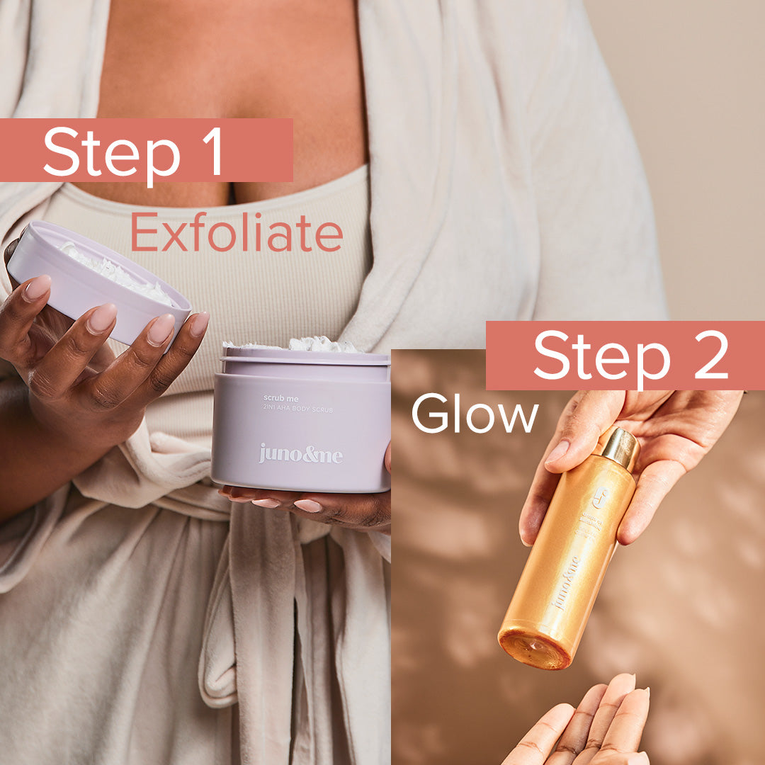 Step 1 und 2: Frau öffnet den 2in1 AHA Body Scrub, Hand mit Golden Glow Oil, Beautiful Skin Duo von juno&me