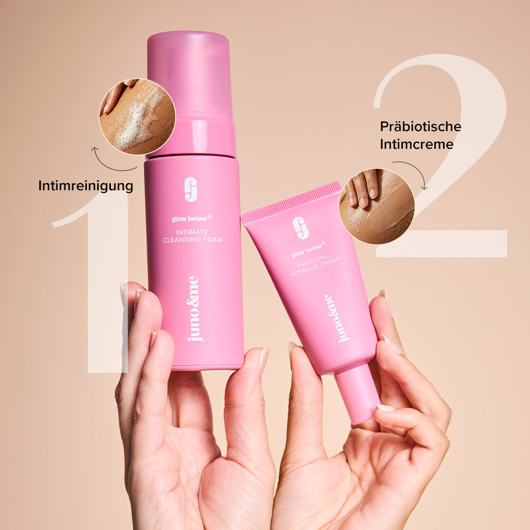 Happy Vulva Duo in two hands: step 1 intimate cleansing with the foam, step 2 prebiotic intimate cream