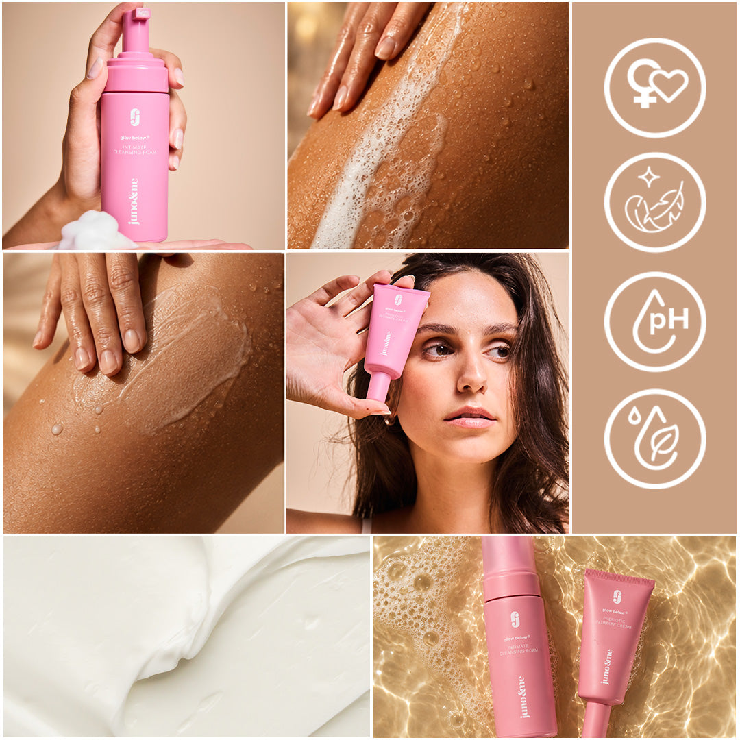Happy Vulva Duo collage: foam on the skin, cream texture, foam and cream in water