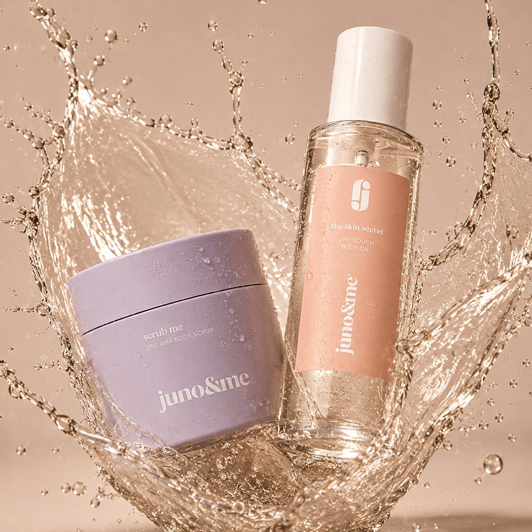 Touch Me Duo in a water splash: 2in1 AHA Body Scrub jar and Dry Touch Body Oil bottle, juno&me