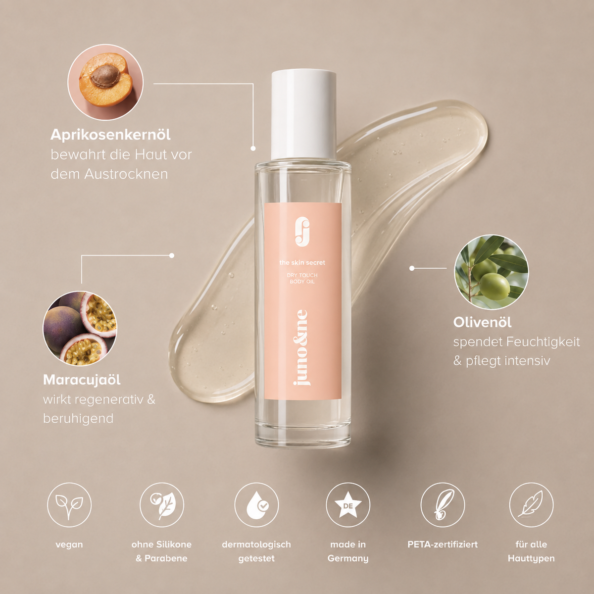Dry Touch Body Oil from the Touch Me Duo with apricot kernel oil, passion fruit oil and olive oil, juno&me