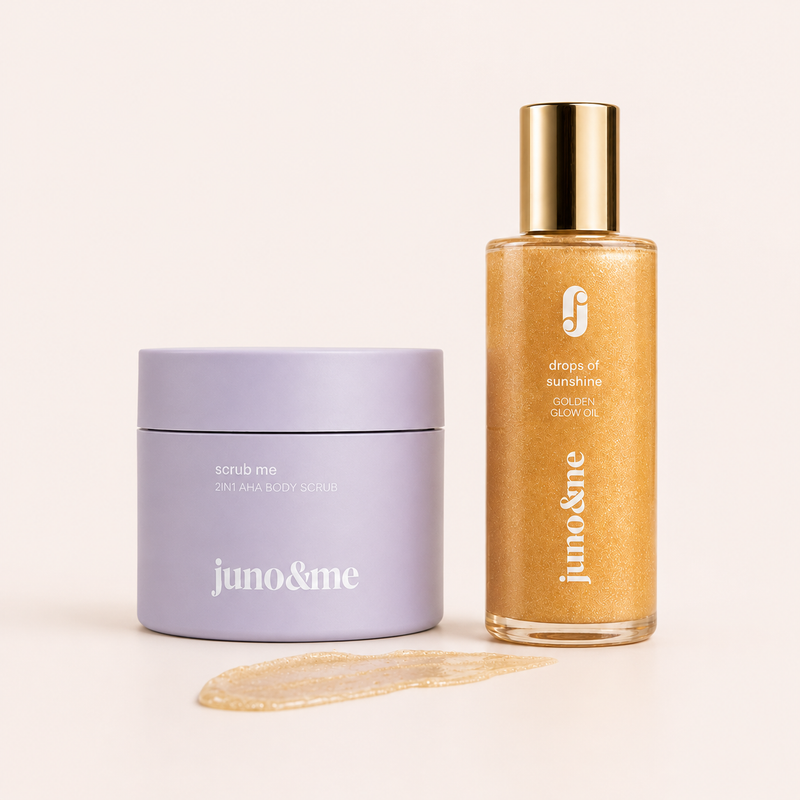Beautiful Skin Duo by juno&me: 2in1 AHA Body Scrub in a lilac jar and Golden Glow Oil in a gold bottle