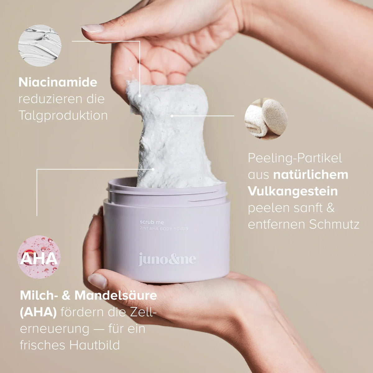 Lilafarbene Bodyscrub wird aus dem Behälter entnommen, mit Informationstext.