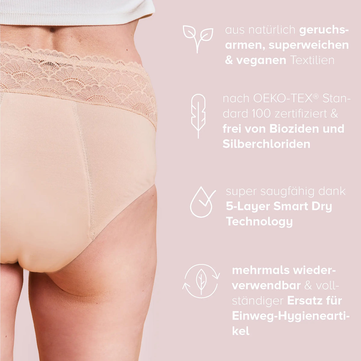 Incontinence Panty Medium Nude from behind, image text: vegan fabrics, OEKO-TEX Standard 100, 5-Layer Smart Dry