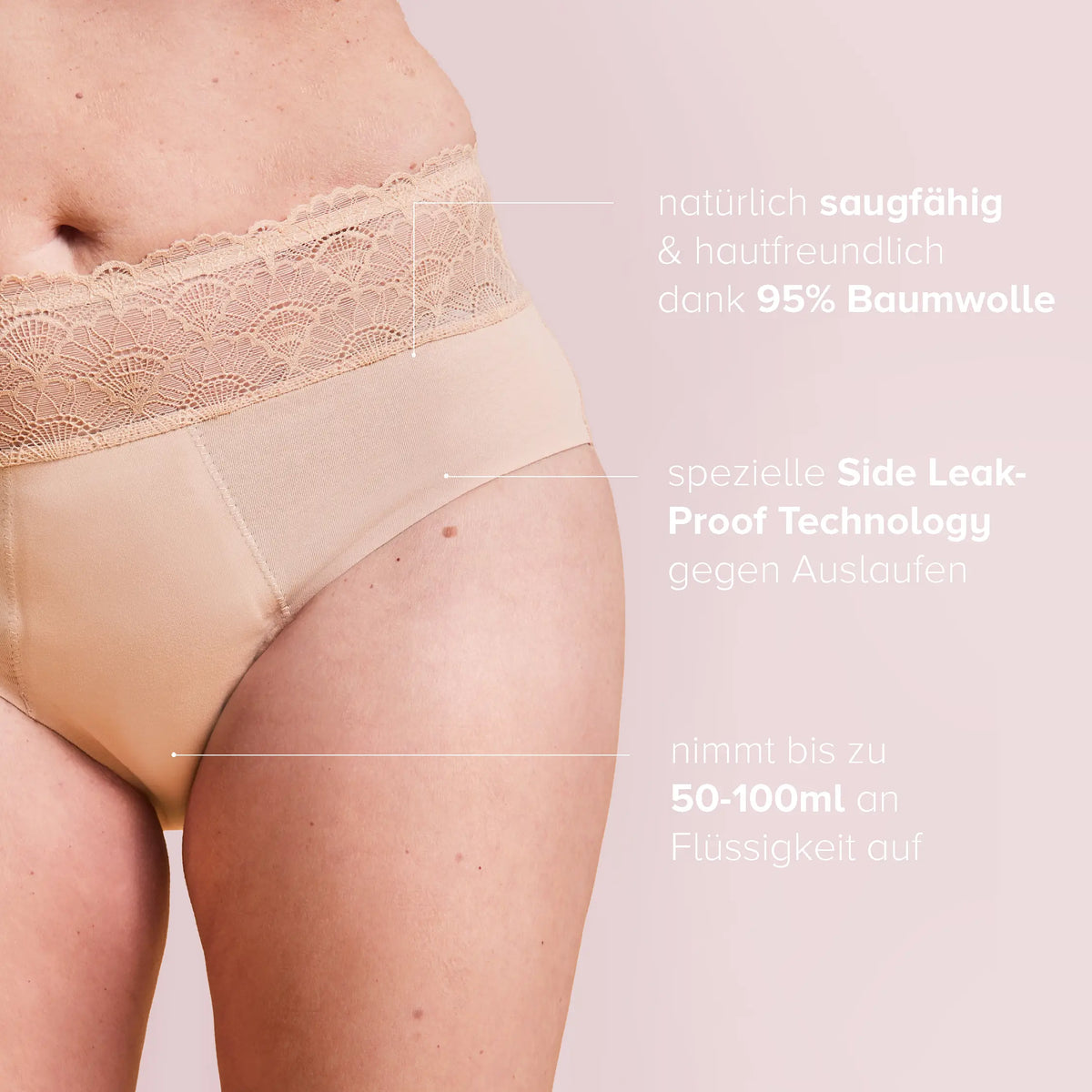 Frau trägt Inkontinenz Panty Medium Nude, mit Infotext.