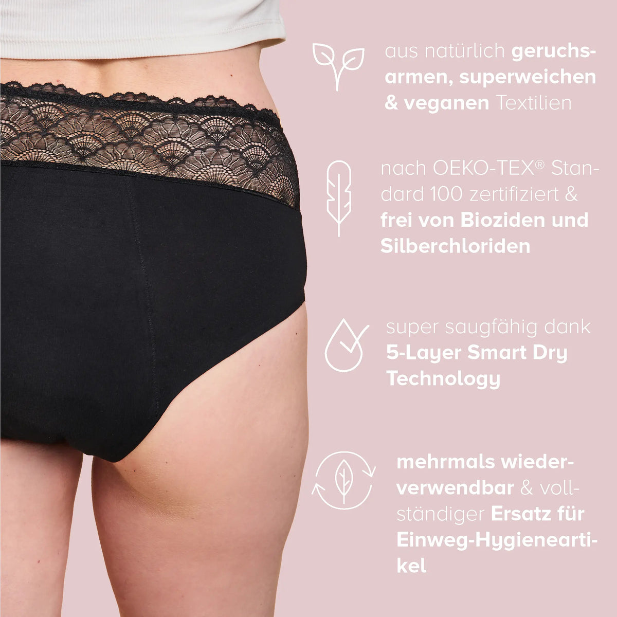 Frau trägt Inkontinenz Panty Medium Black, mit Infotext.