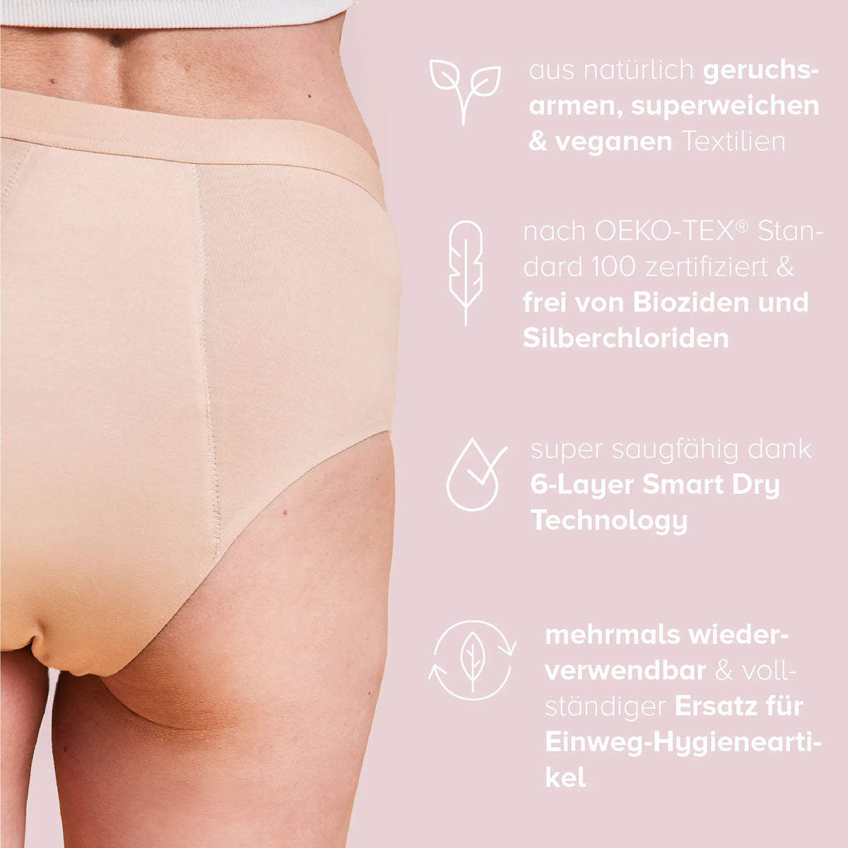 Woman wearing the Incontinence Panty Strong in nude, with product information alongside