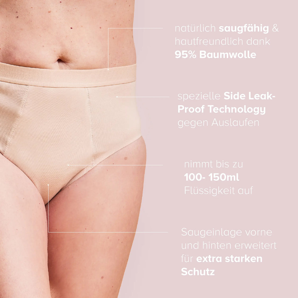 Woman wearing the Incontinence Panty Strong in nude, with product information alongside