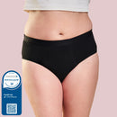 Frau trägt ausgezeichnete schwarze Periodenunterwäsche Inkontinenz-Panty-Strong.