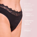 Cheeky Lace Slip von vorn mit Hinweisen: Spitze, Auslaufschutz bis 8 Stunden, saugstark wie 2 Tampons