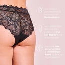 Cheeky Lace Slip von hinten mit Spitze, daneben Hinweise zu Bambusfasern, OEKO-TEX Standard 100 und Wiederverwendbarkeit