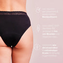 Frau trägt schwarze Periodenunterwäsche Feel-Good-Daily, daneben stehen dazugehörige Informationen.