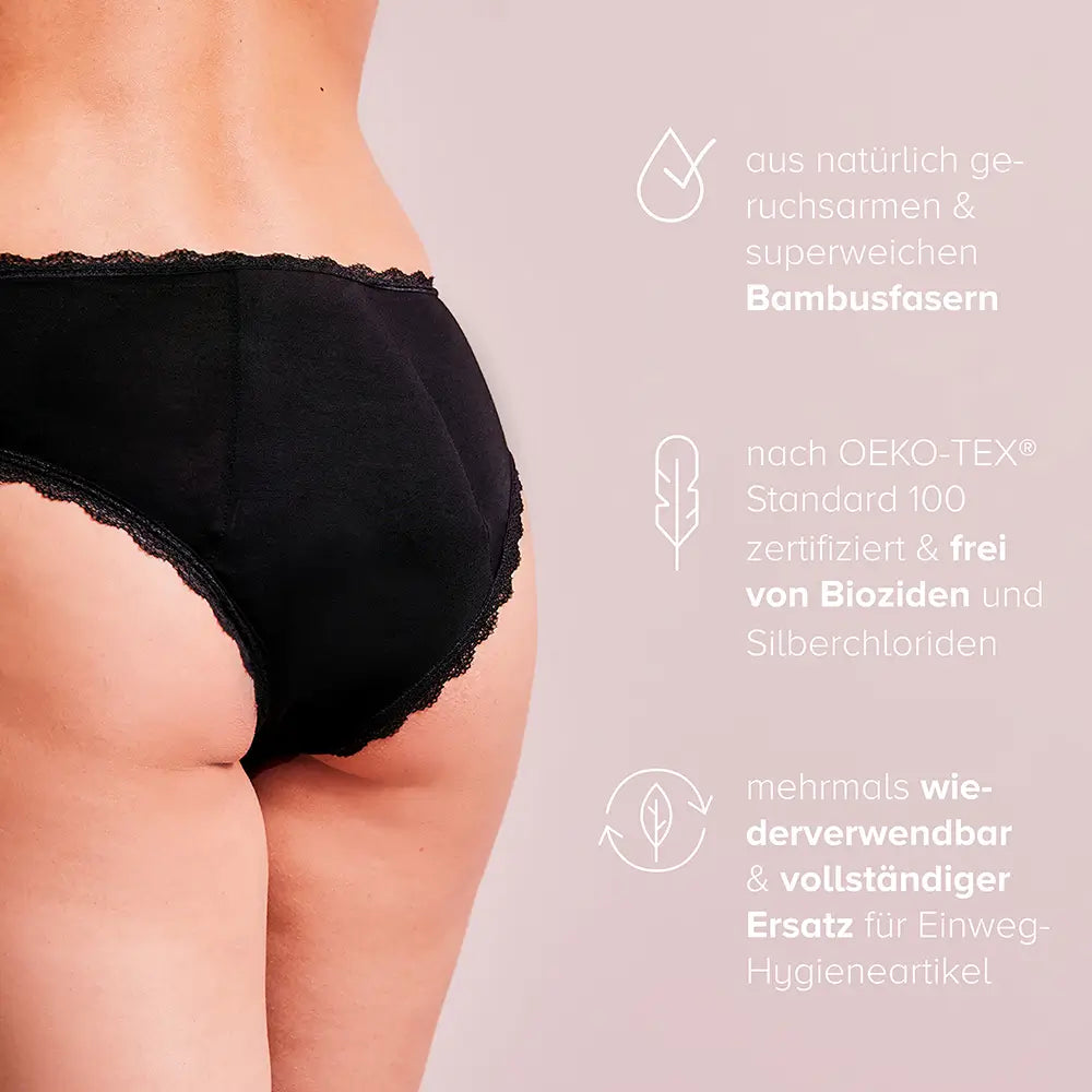 Frau trägt schwarze Periodenunterwäsche Feel-Good-Day-and-Night, daneben stehen dazugehörige Informationen.