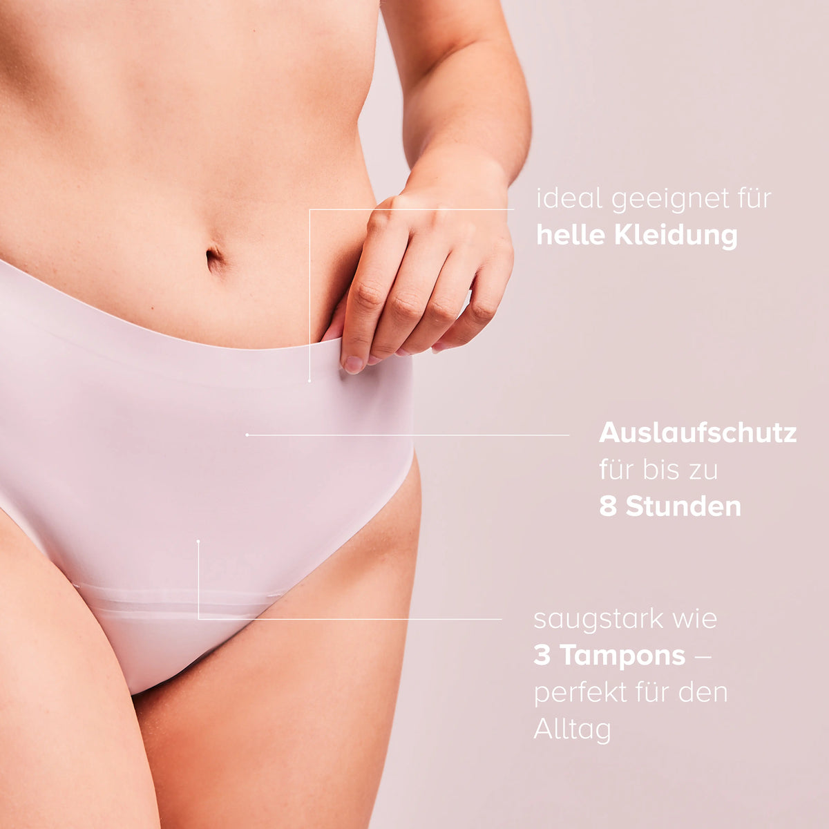 Nude Seamless Slip from the front with notes: light clothing, leak protection up to 8 hours, like 3 tampons