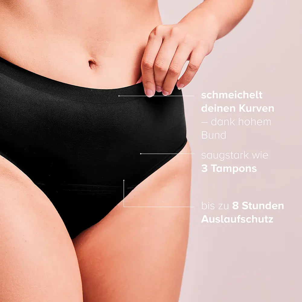 Frau trägt schwarze Periodenunterwäsche Seamless-High-Waist, daneben stehen dazugehörige Informationen.