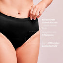 Frau trägt schwarze Periodenunterwäsche Seamless-High-Waist, daneben stehen dazugehörige Informationen.