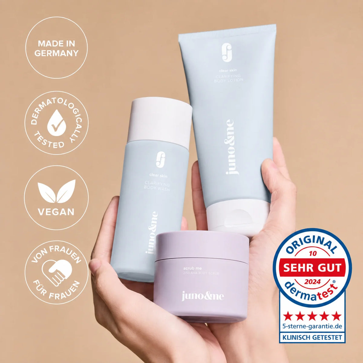 Clarifying Body Trio, the three products of the routine: exfoliate, cleanse, care