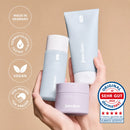 Clarifying Body Trio, the three products of the routine: exfoliate, cleanse, care