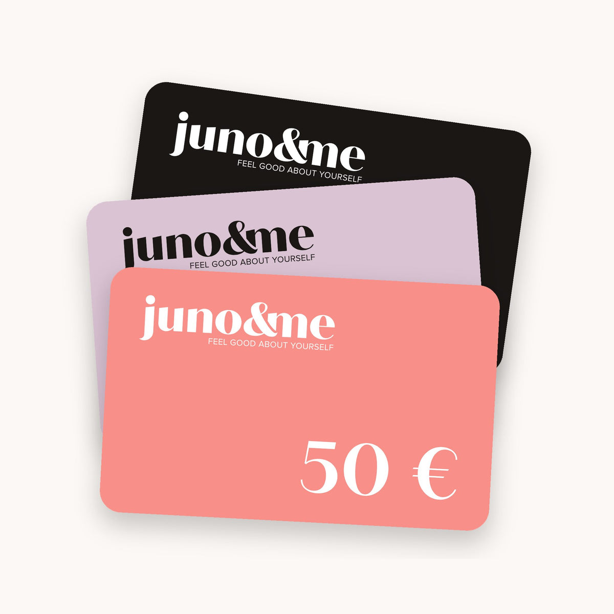 Three juno&me Gift Cards in black, lilac and peach, the 50 euro card in front