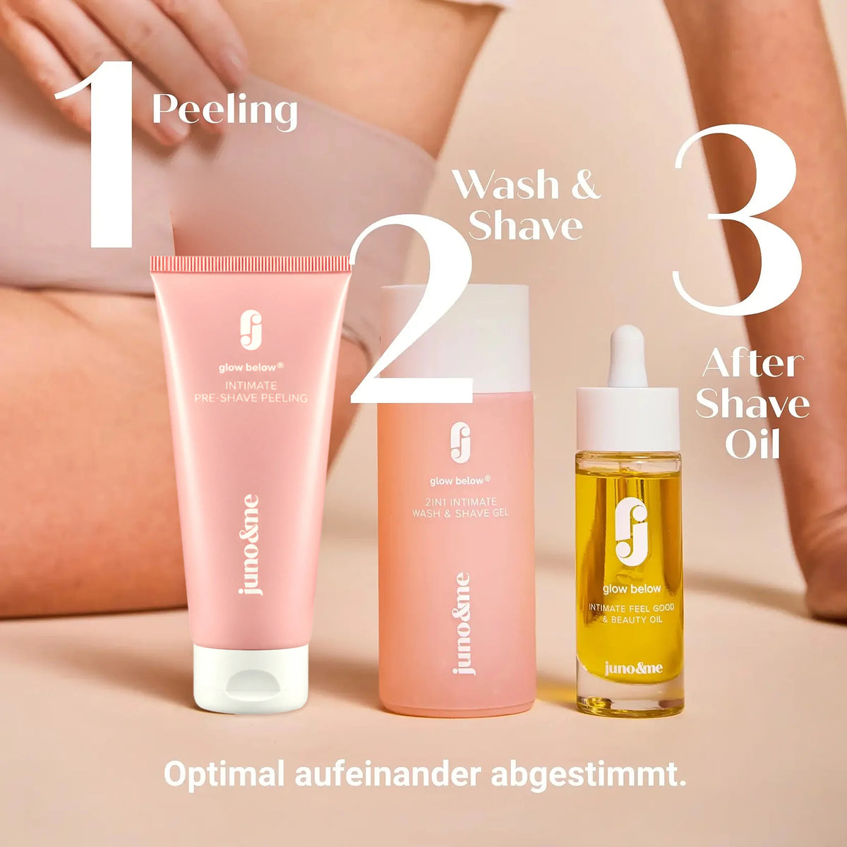 Glow Below Trio in 3 steps: Intimate Pre-Shave Peeling, Wash & Shave Gel and Glow Below Oil by juno&me