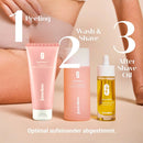 Glow Below Trio in 3 Schritten: Intimate Pre-Shave Peeling, Wash & Shave Gel und Glow Below Oil von juno&me