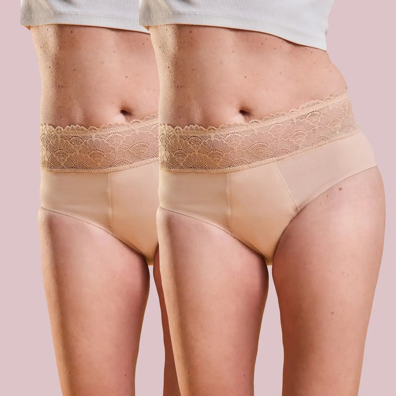 Incontinence Panty Medium Nude Duo by juno&me: 2 nude panties with lace waistband, worn side by side