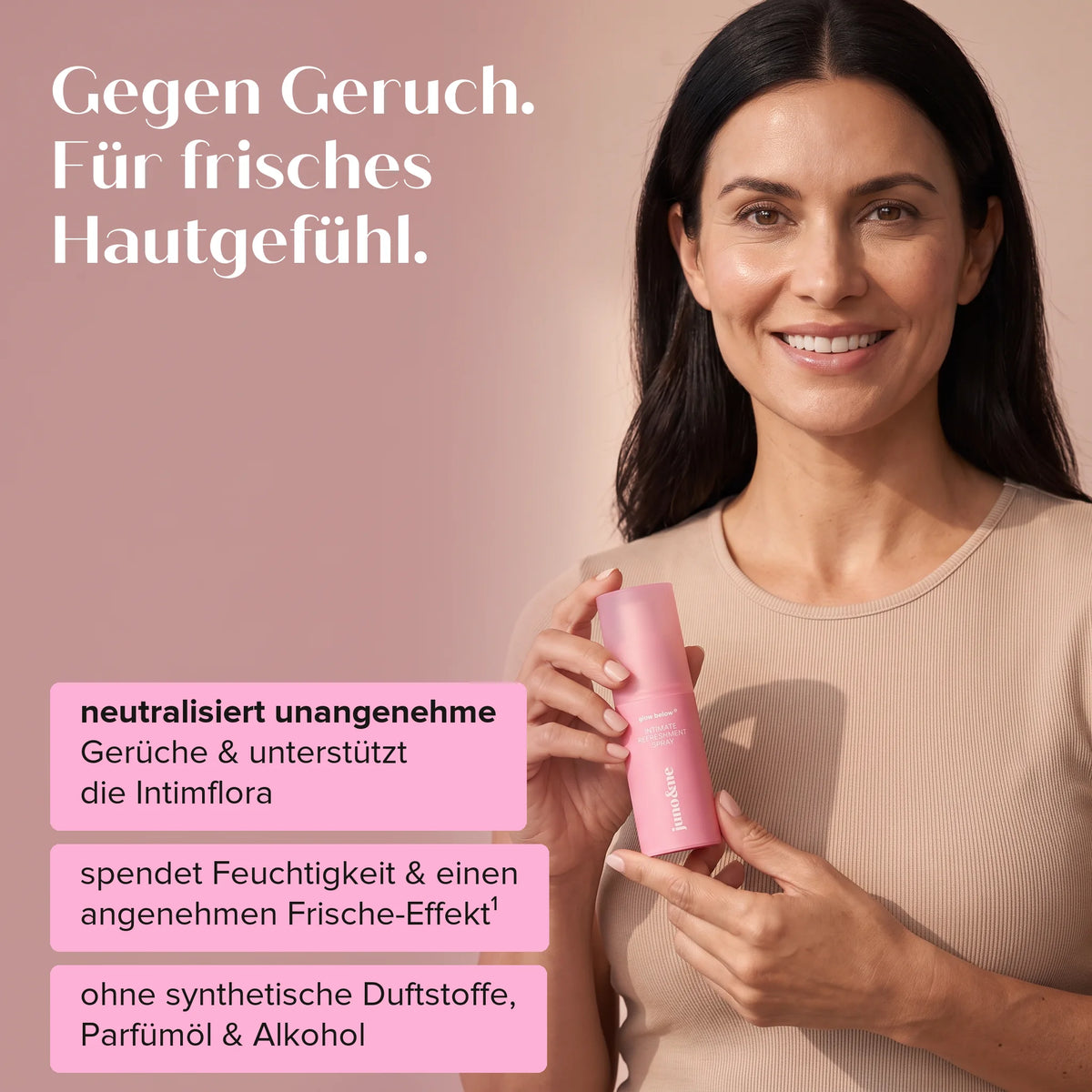 Woman holding the Intim Deo, benefits against odour and for a fresh skin feel, juno&me