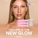Volume Face Cream Vorher-Nachher: Model mit sichtbar aufgepolstertem Hautbild, Tiegel 50 ml, Volume is the new Glow juno&me