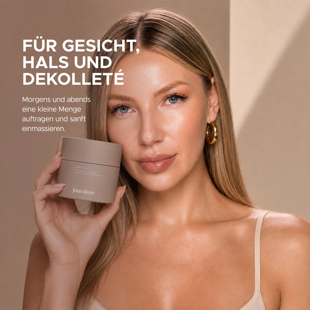 Volume Face Cream Anwendung: für Gesicht, Hals und Dekolleté, morgens und abends eine kleine Menge einmassieren, Model mit Tiegel juno&me