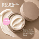 Volume Face Cream Textur: offener Tiegel mit seidiger Creme, Rich. Creamy. Plumping., GLP-1 Friendly Formula juno&me