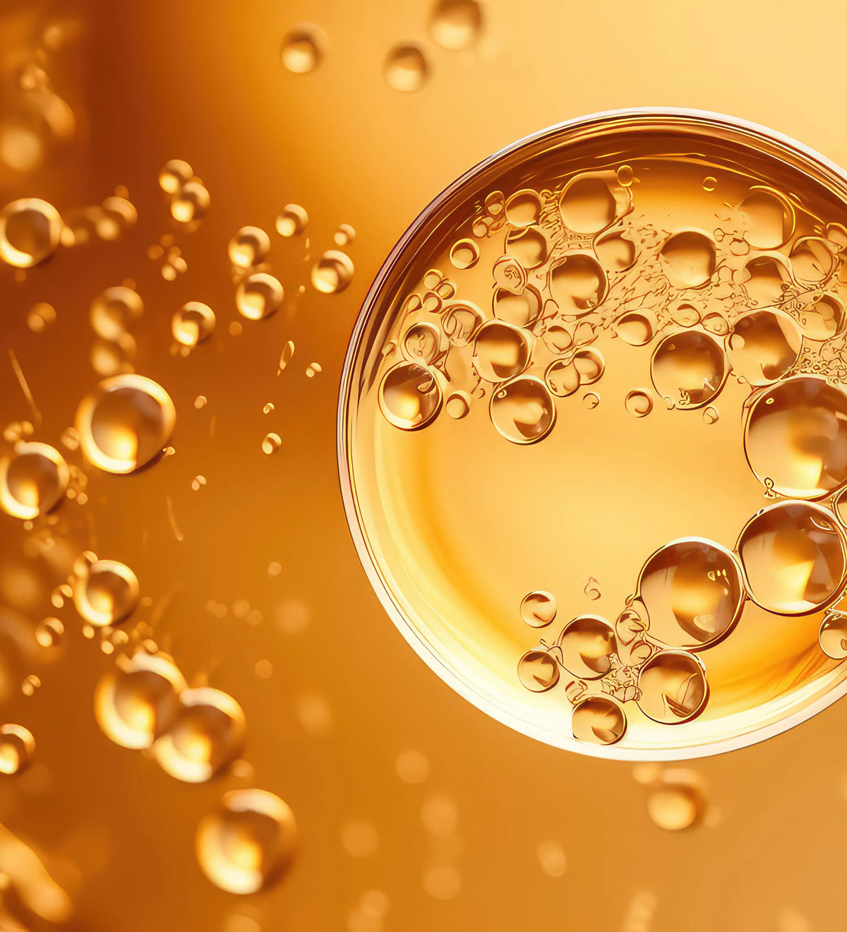 Goldene transparente Flüssigkeit mit schwebenden Luftblasen.
