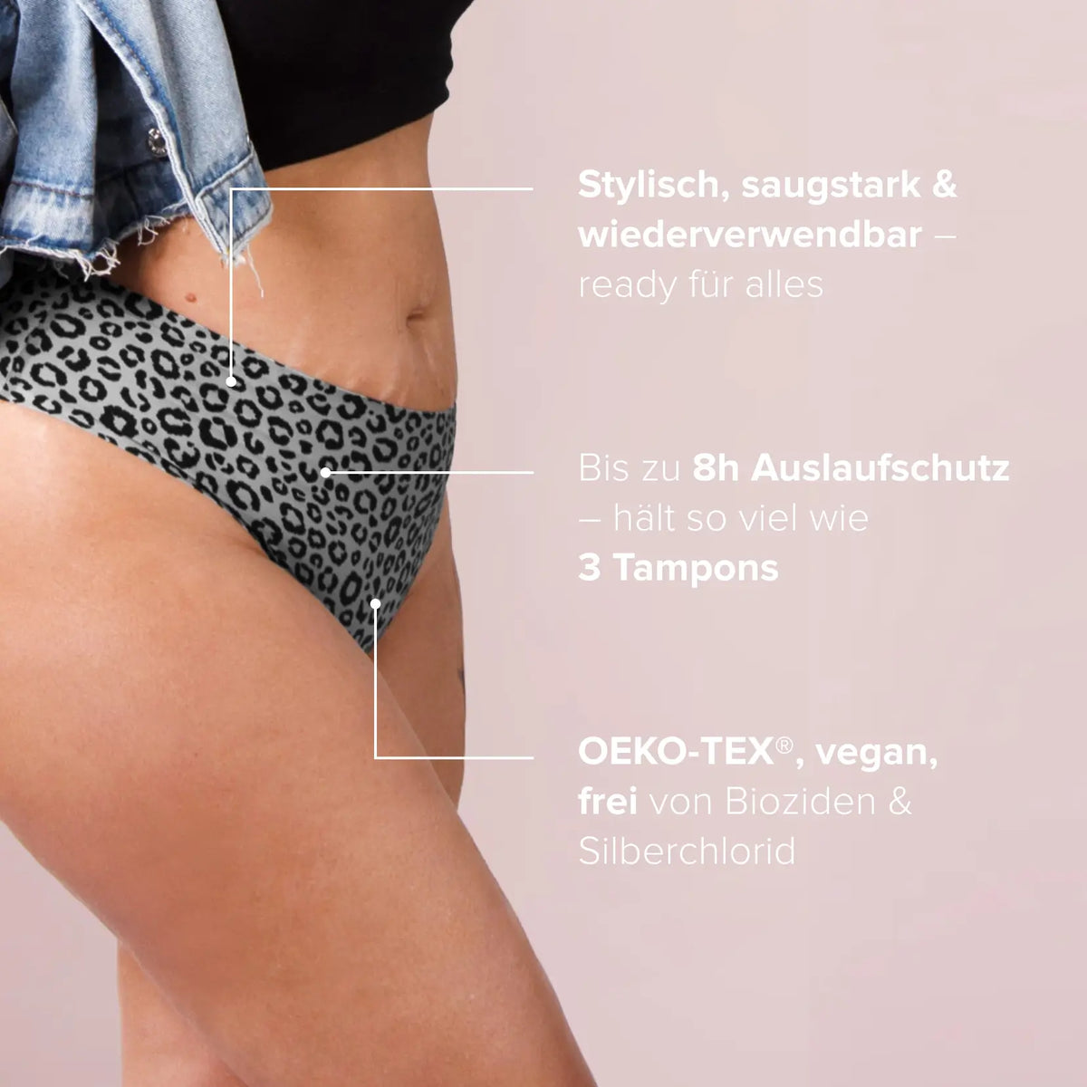 Leo Seamless Slip in anthracite worn from the side, image text: up to 8h leak protection, holds as much as 3 tampons