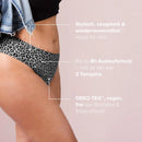 Leo Seamless Slip in Anthrazit seitlich getragen, Bildtext: bis zu 8h Auslaufschutz, hält so viel wie 3 Tampons