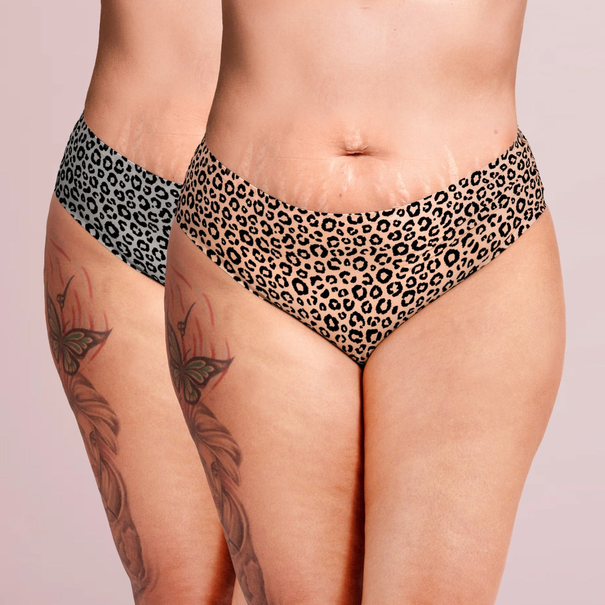 Leo Seamless Slip - Medium Duo by juno&me: 2 high-waisted period pants in anthracite and beige leopard print, worn