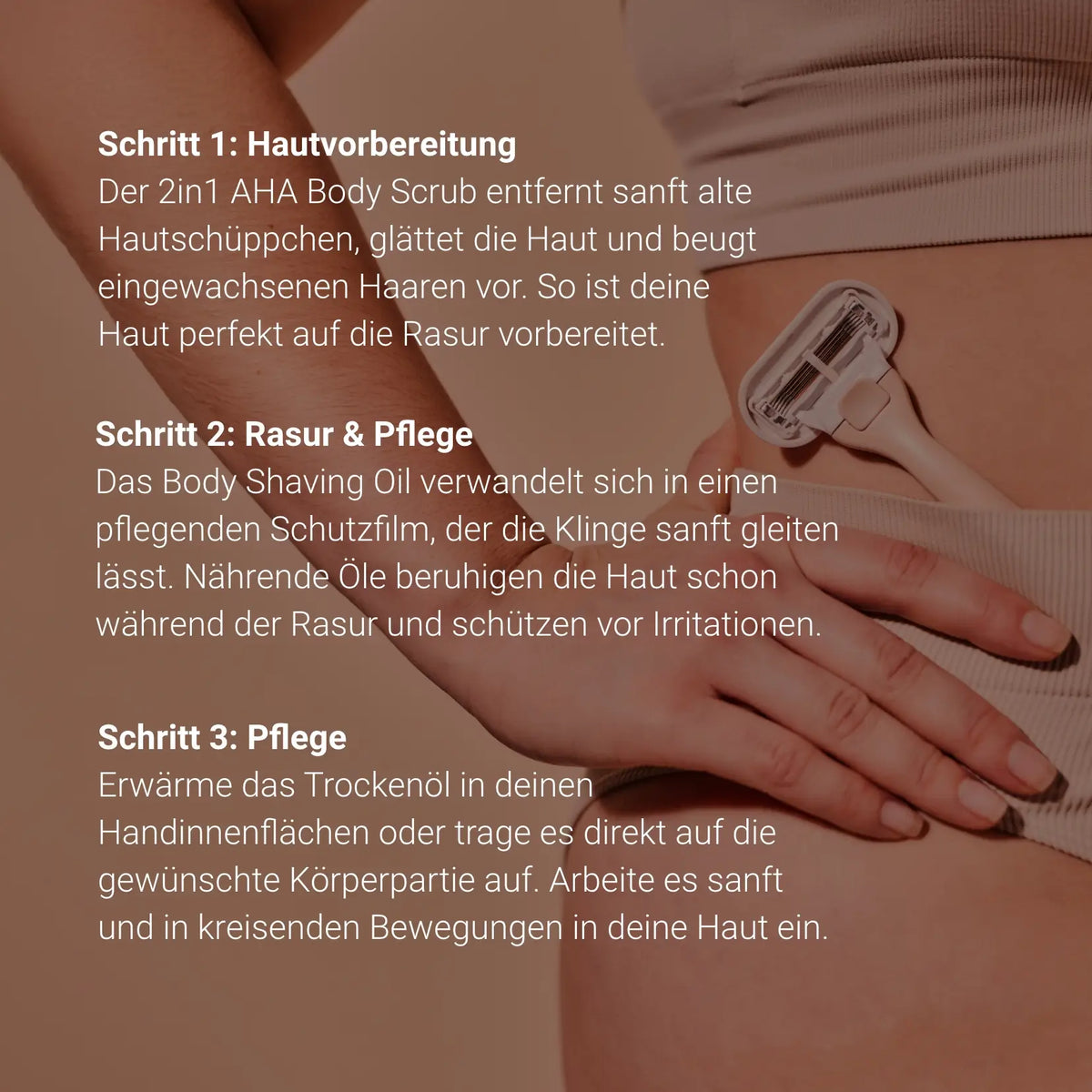 Frau mit Rasierer an der Hüfte, daneben die 3 Anwendungsschritte des Body Crush Trio als Text, juno&me