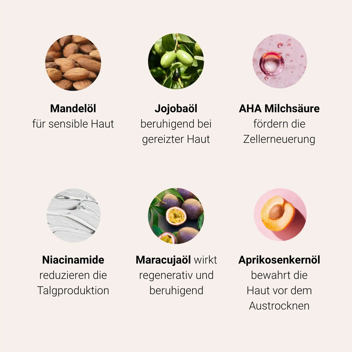 Inhaltsstoffe im Body Crush Trio: Mandelöl, Jojobaöl, AHA, Niacinamide, Maracujaöl, Aprikosenkernöl