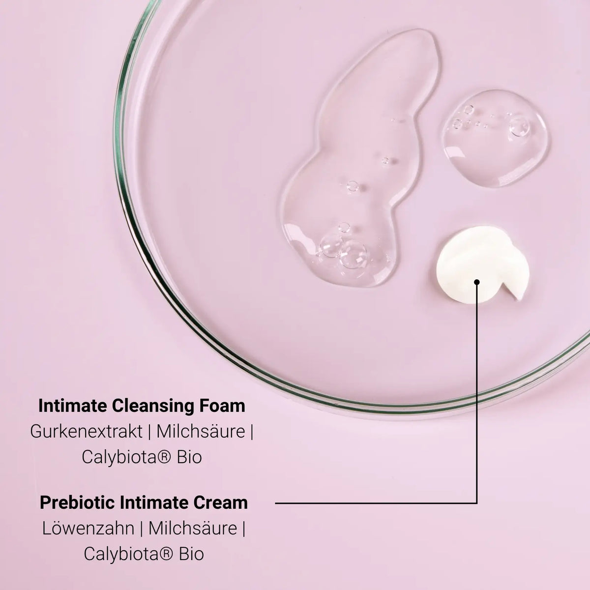 Textures of the Intimate Cleansing Foam and Prebiotic Intimate Cream with their active ingredients
