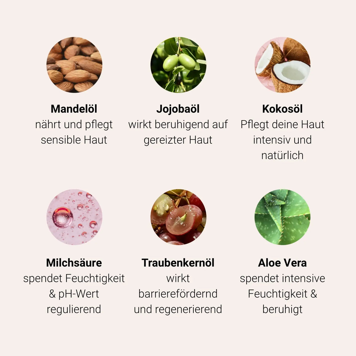 Key ingredients in the Happy Shaving Trio: almond oil, jojoba oil, coconut oil, lactic acid, grape seed oil and aloe vera