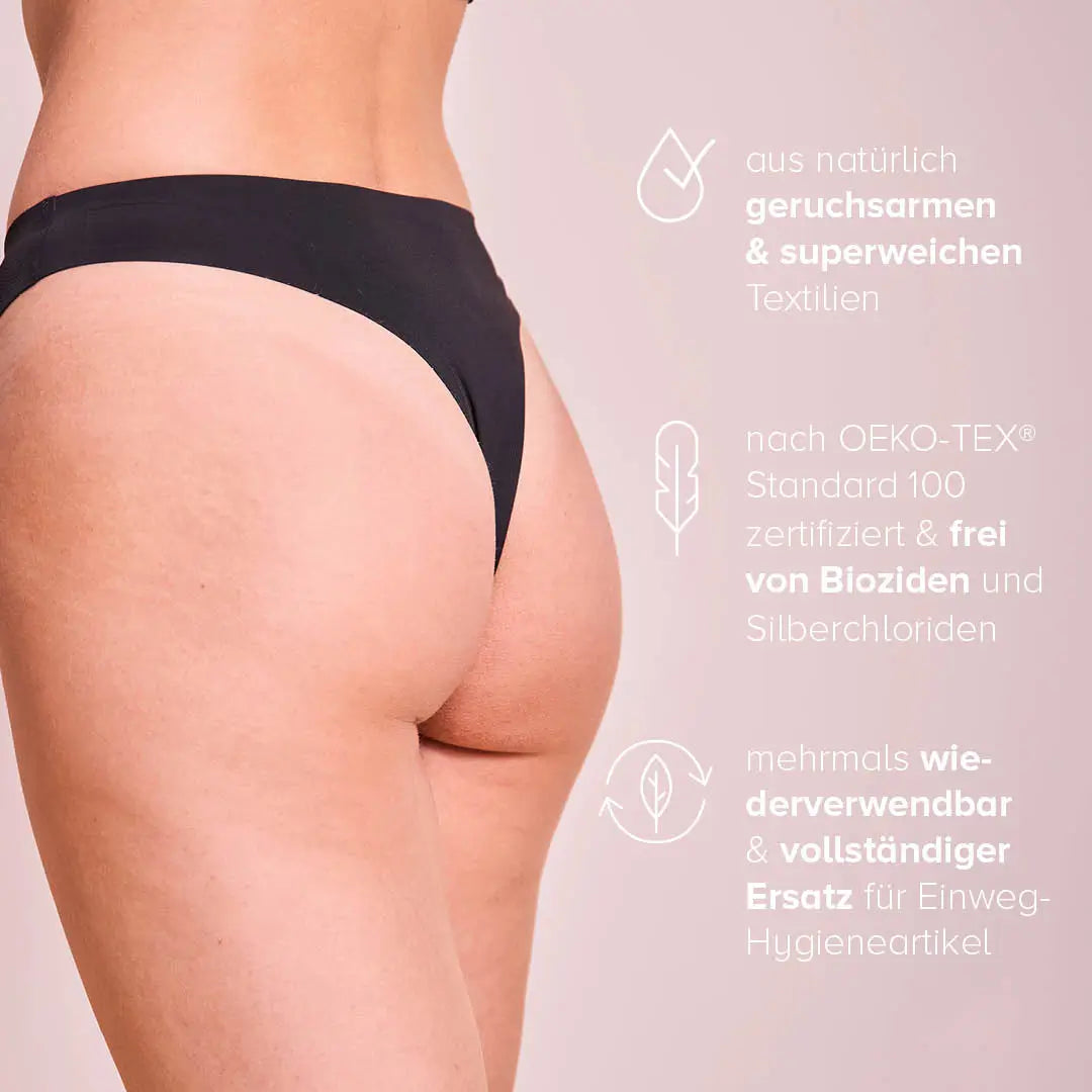 Schwarzer Panty wird von Person getragen, rechts sind Informationstexte.
