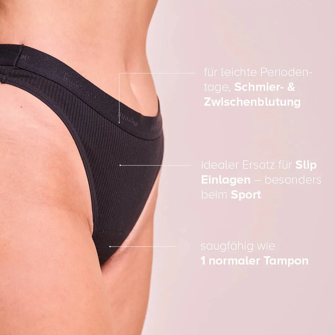 Schwarzer Panty wird von Person getragen, rechts sind Informationstexte.