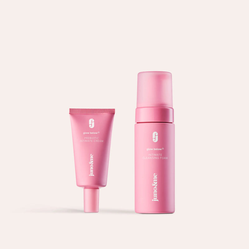 Happy Vulva Duo: Intimate Cleansing Foam und Prebiotic Intimate Cream vor hellem Hintergrund