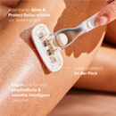 Der refill-Razor gleitet über Haut, drumherum sind Textfelder mit Informationen.