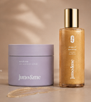 2in1 AHA Body Scrub und Golden Glow Oil im warmen Licht, Stimmungsbild zum Beautiful Skin Duo von juno&me